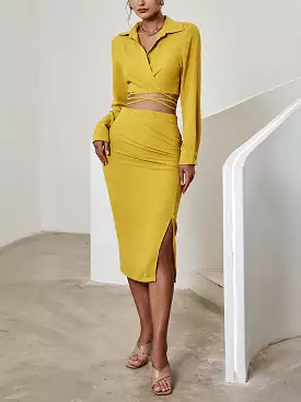 2023 Yellow Skirt Sets Women Long Sleeve Lace-up Top High Waist Side Ruched Slit Dress Suit Lady Slim 2 Piece Set