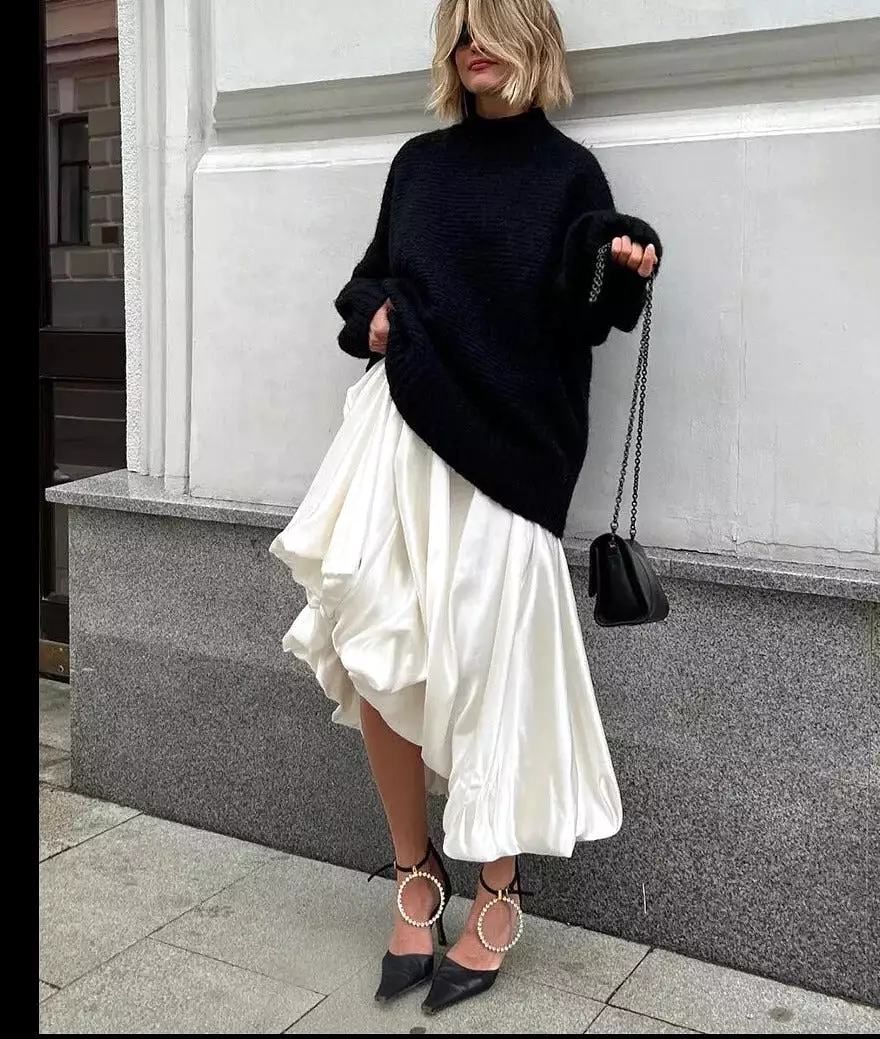 Ashore Shop Trend Long Puffy Beige Satin Skirts Office Lady Ankle-Length Skirt Casual Loose Skirt