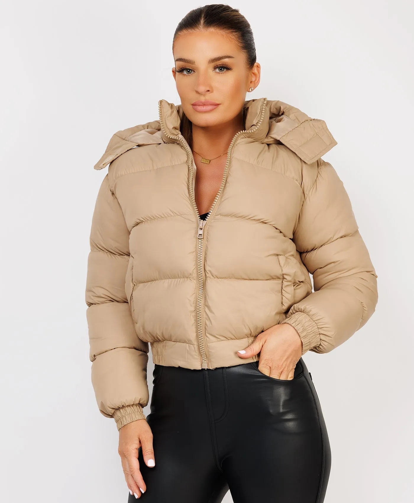 Beige Quilted Padded Hooded Puffer Jacket