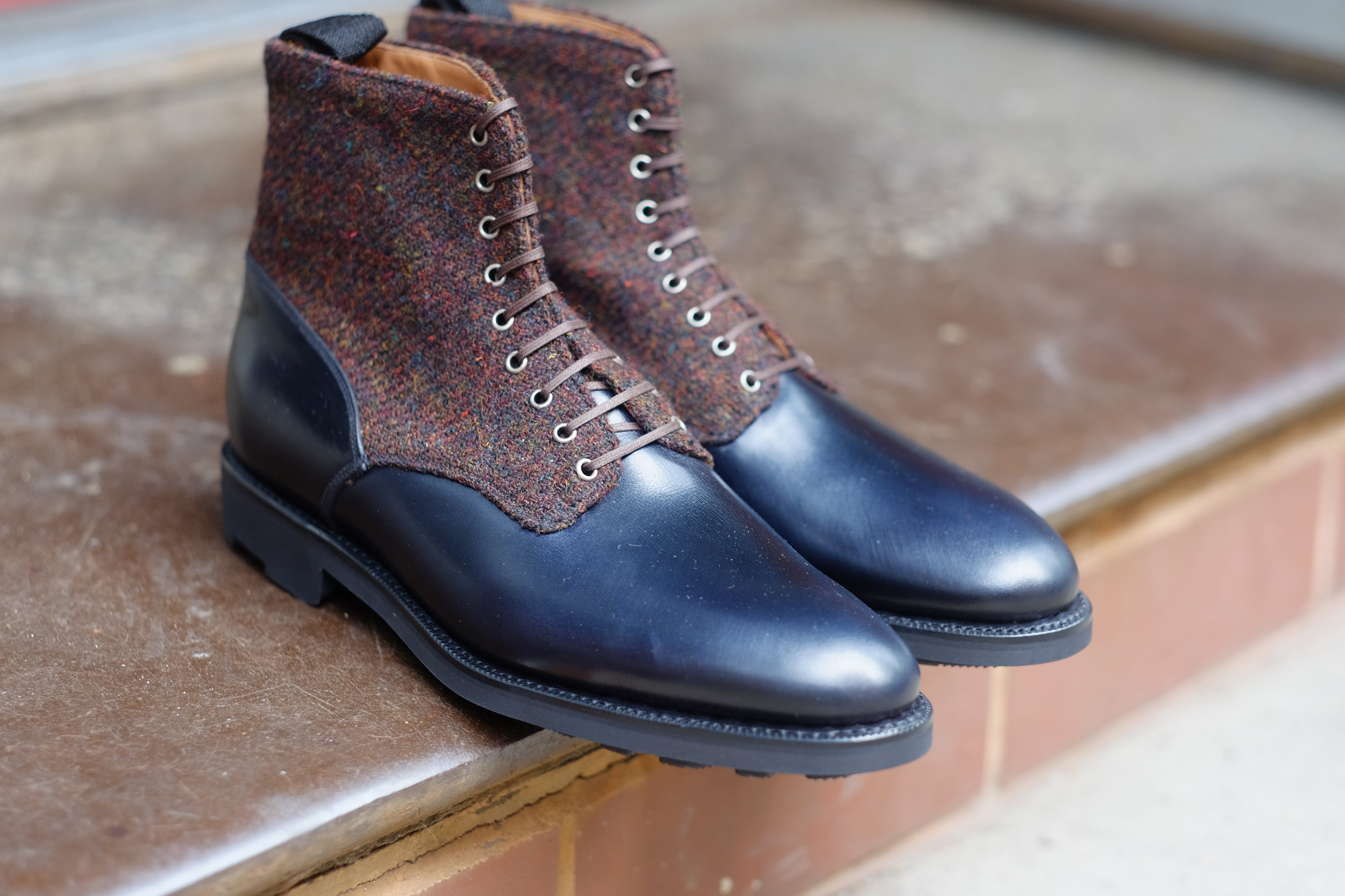 Blaine - MTO - Rugged Navy Calf / Burgundy Medley Tweed - Aged Silver Eyelets (No Speedhooks) - TMG Last - Rugged Rubber Sole