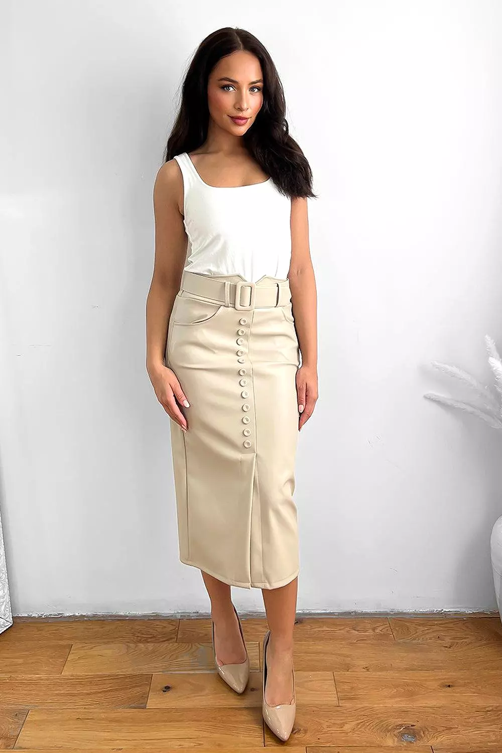 Buttoned Front Belted Vegan Leather Midi Skirts