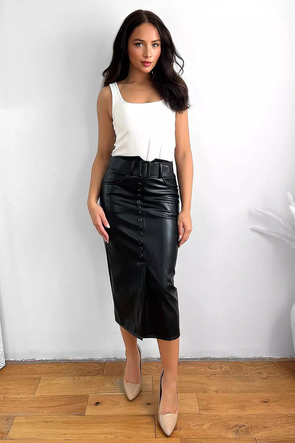 Buttoned Front Belted Vegan Leather Midi Skirts