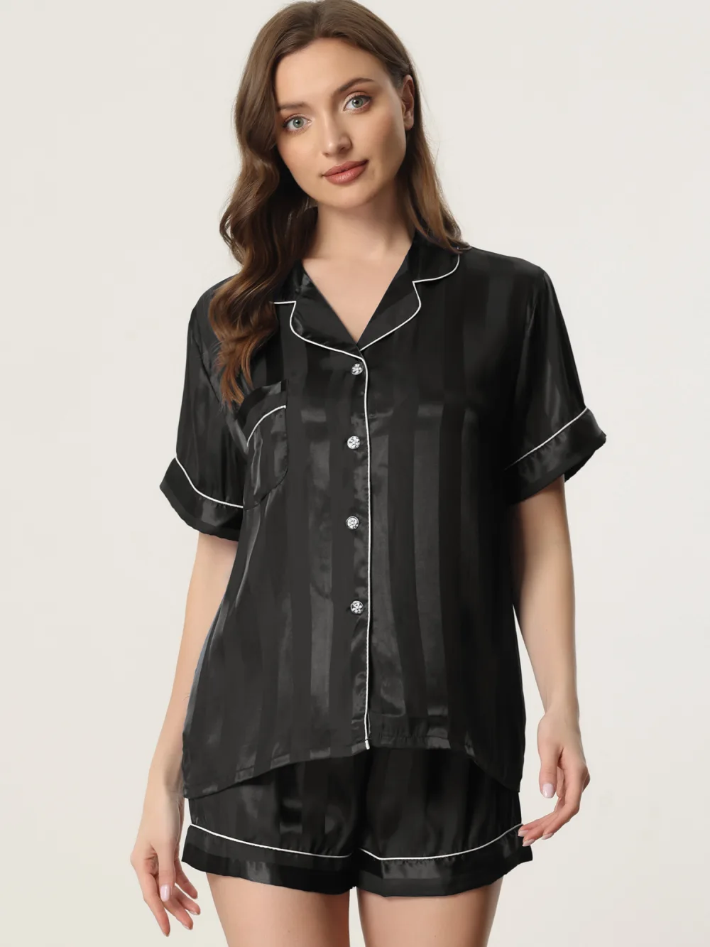 cheibear - Satin Button Down Stripe Pajama Set