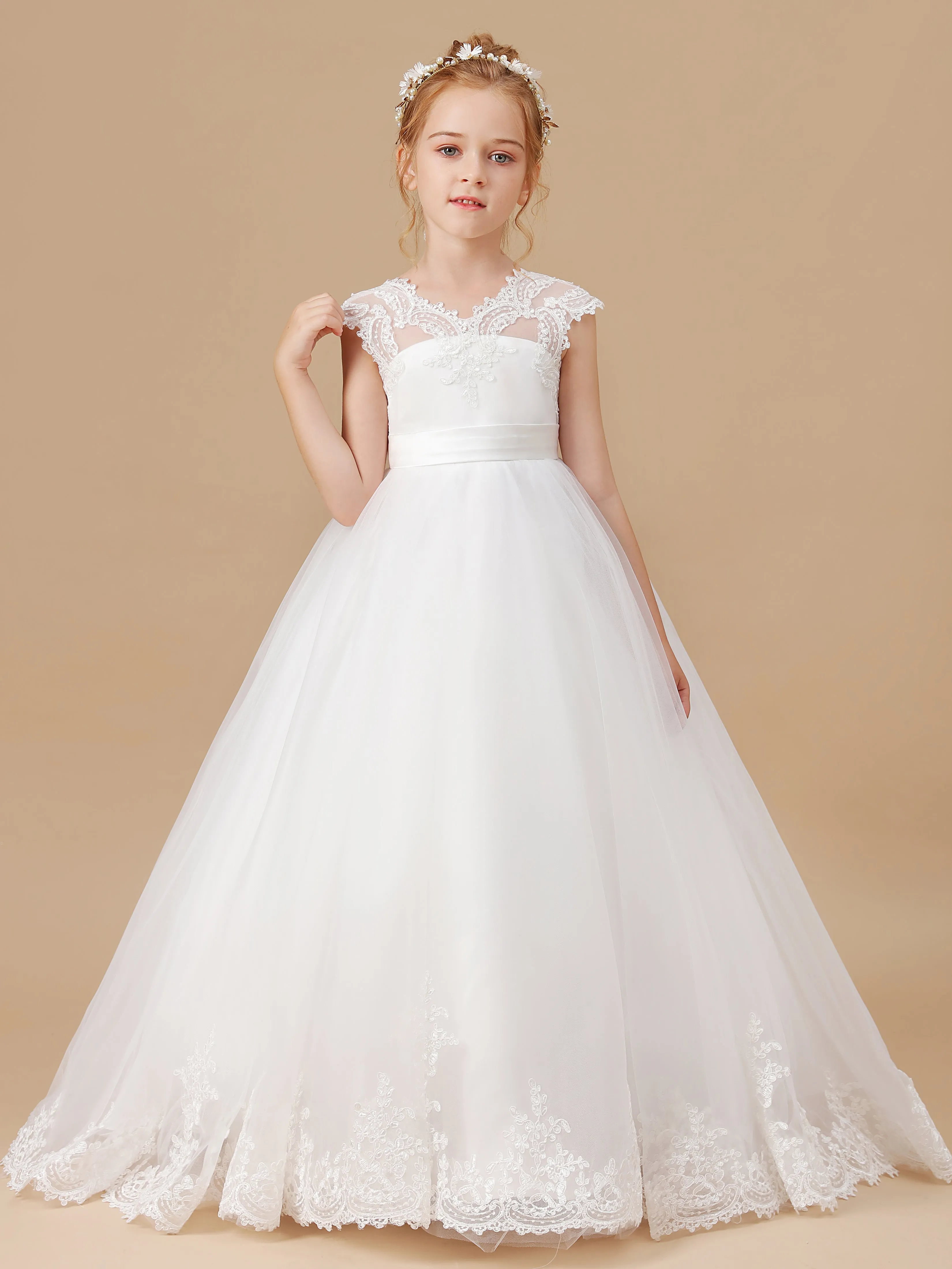 Col V Mancherons Trapèze Tulle Robe Fille