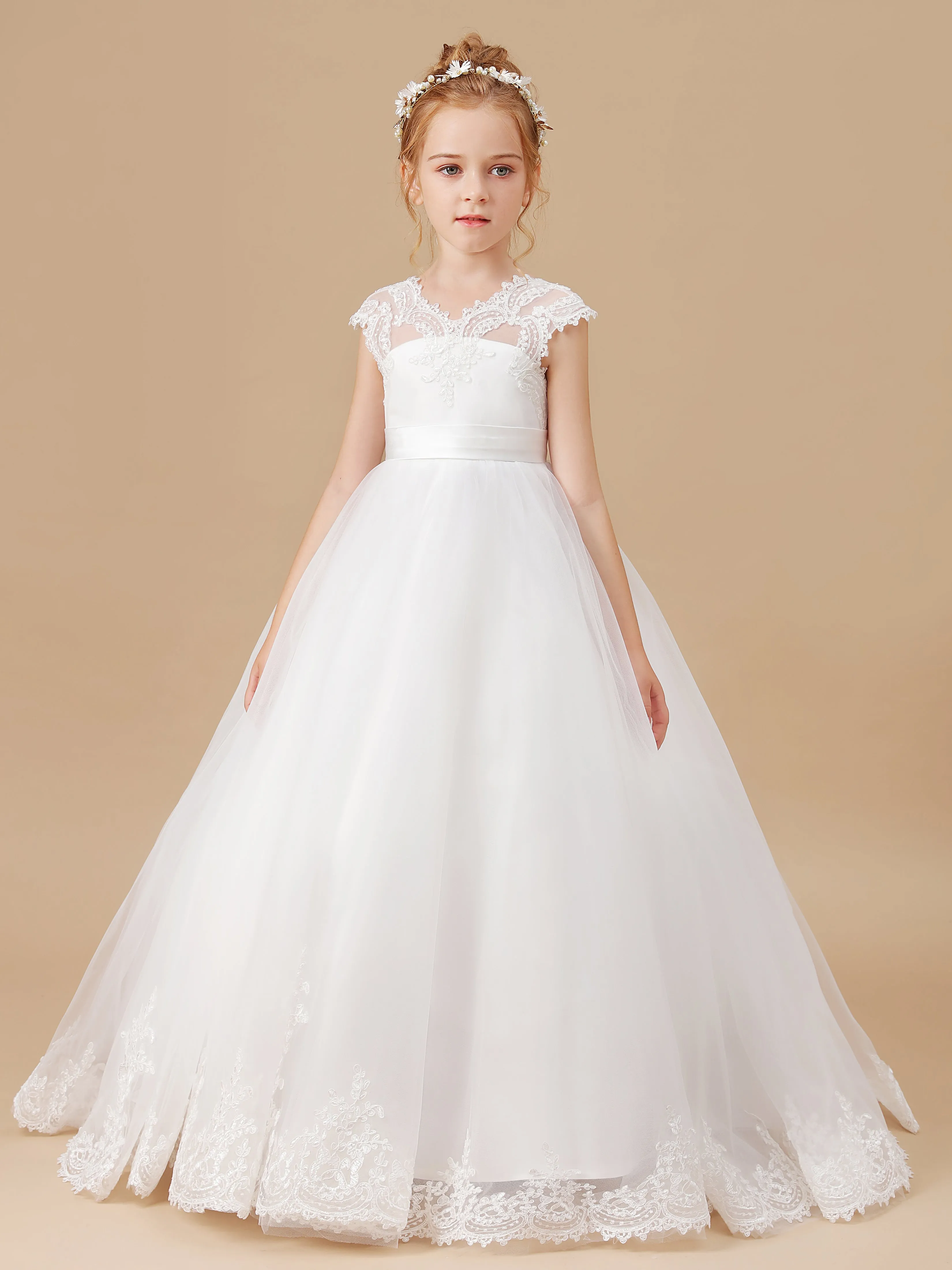 Col V Mancherons Trapèze Tulle Robe Fille