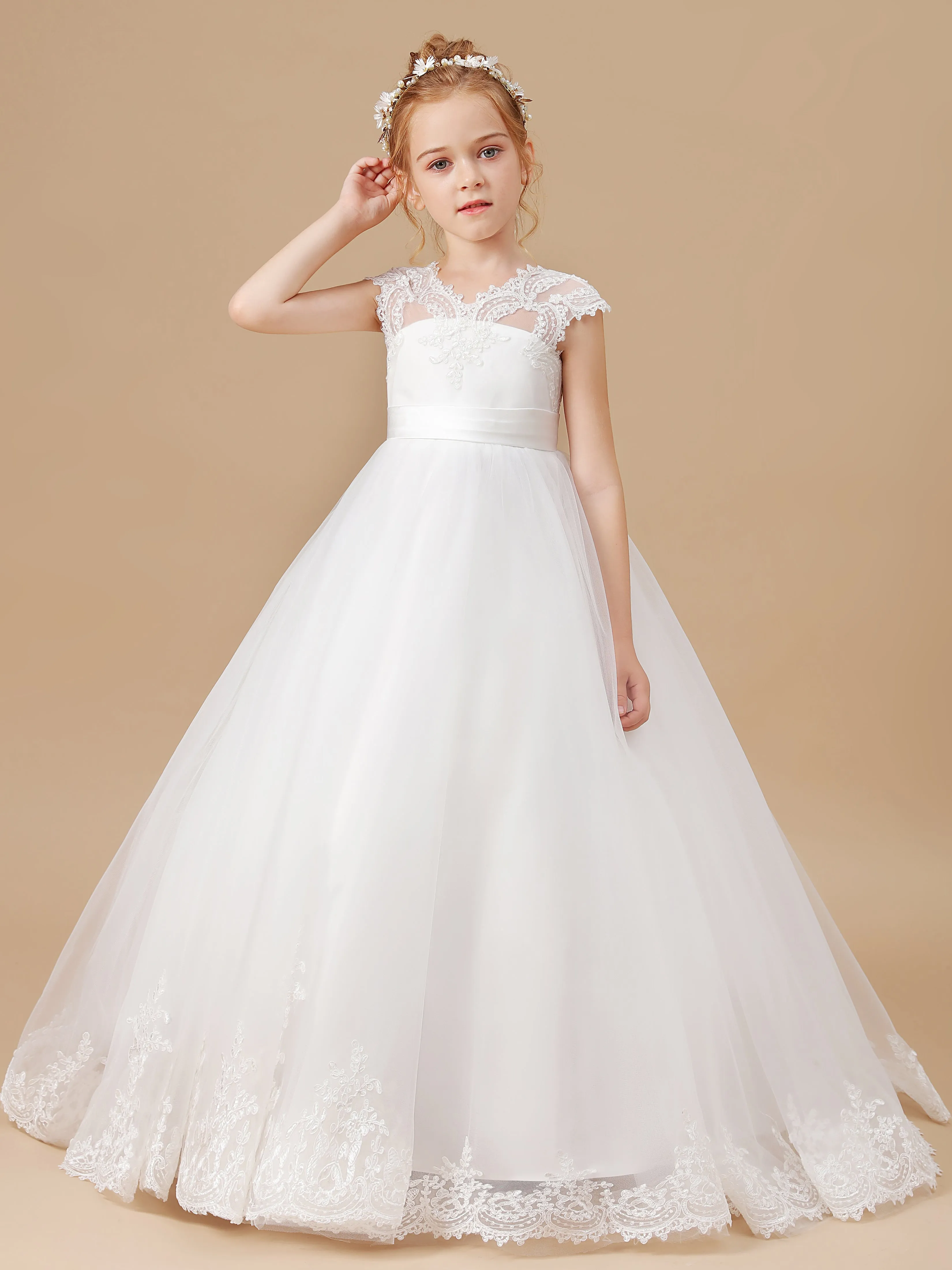 Col V Mancherons Trapèze Tulle Robe Fille