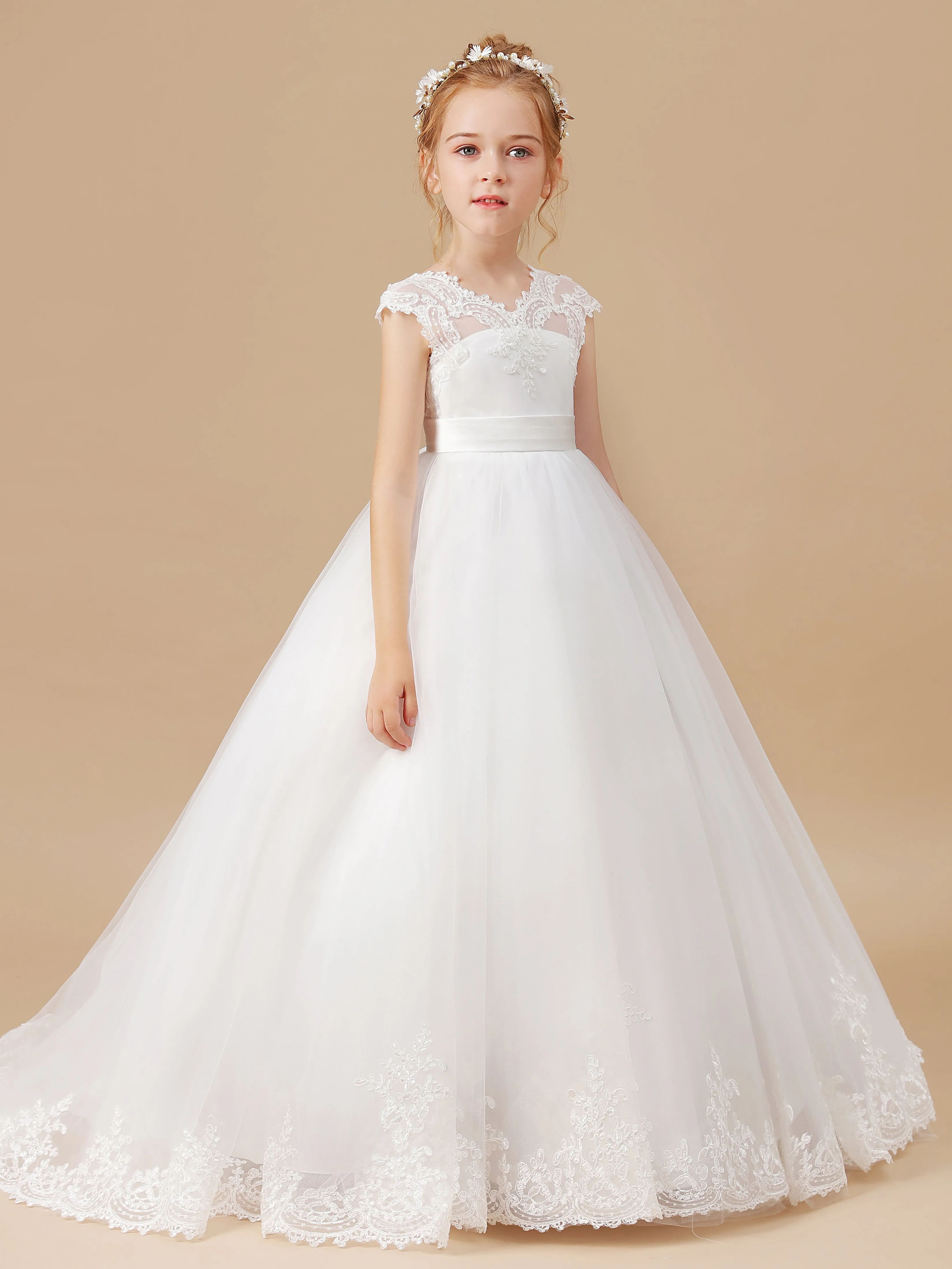 Col V Mancherons Trapèze Tulle Robe Fille