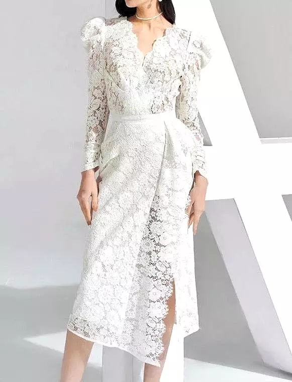 Draped Embroidered Side Slit Lace Dress