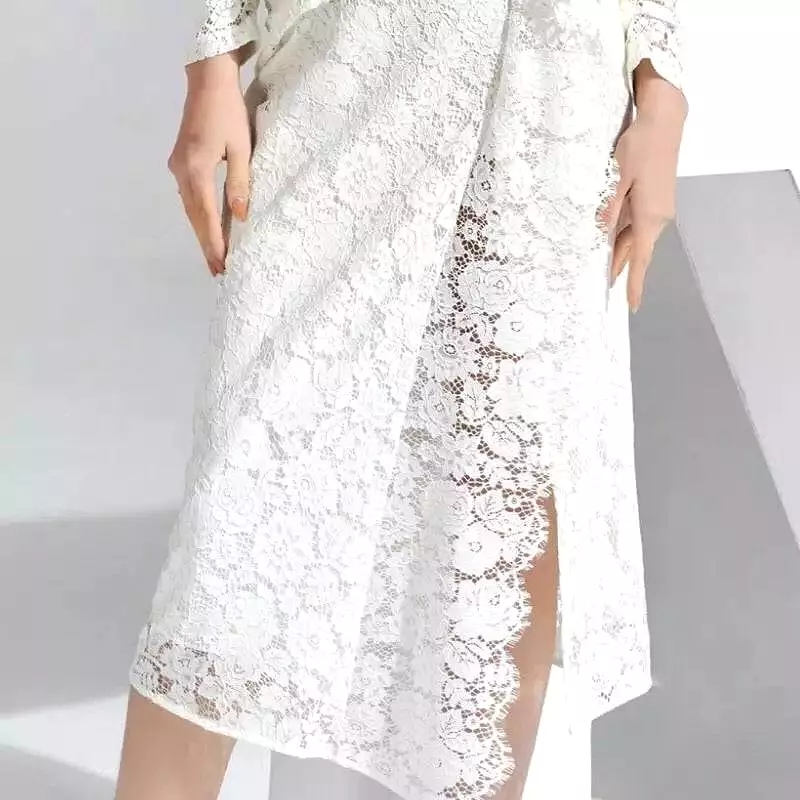 Draped Embroidered Side Slit Lace Dress