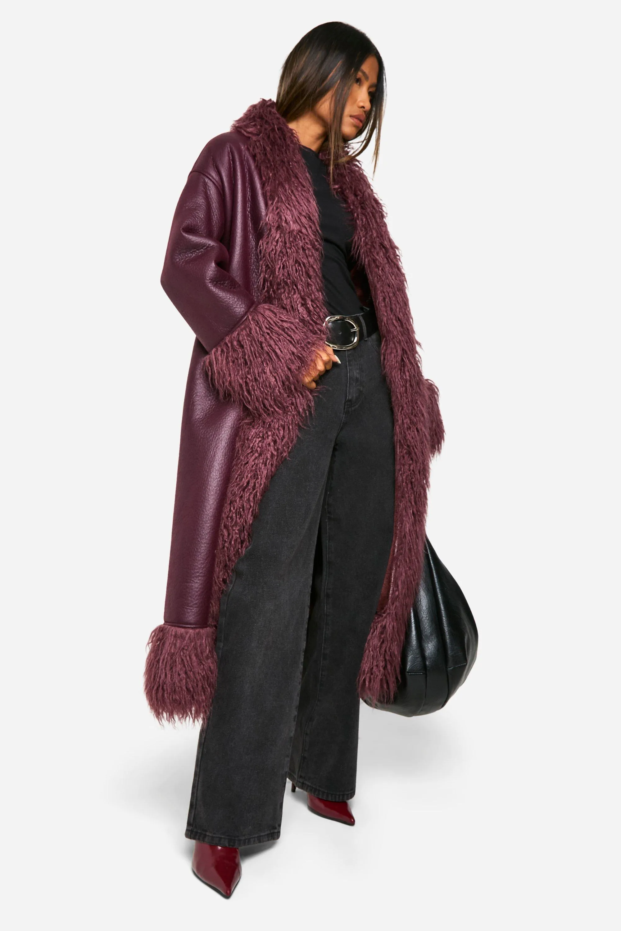 Faux Fur Trim Belted Coat