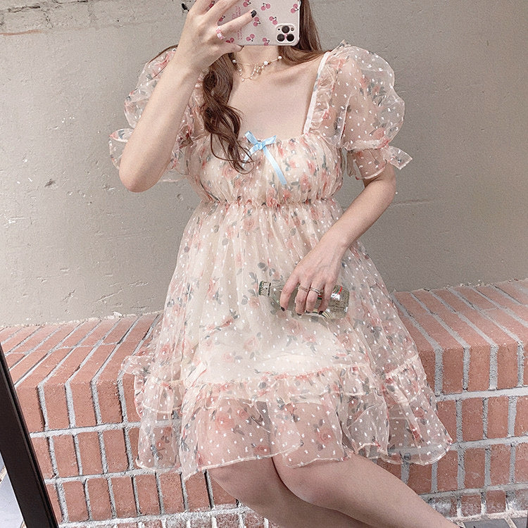 Flower dot puff sleeve dress high waist babydoll