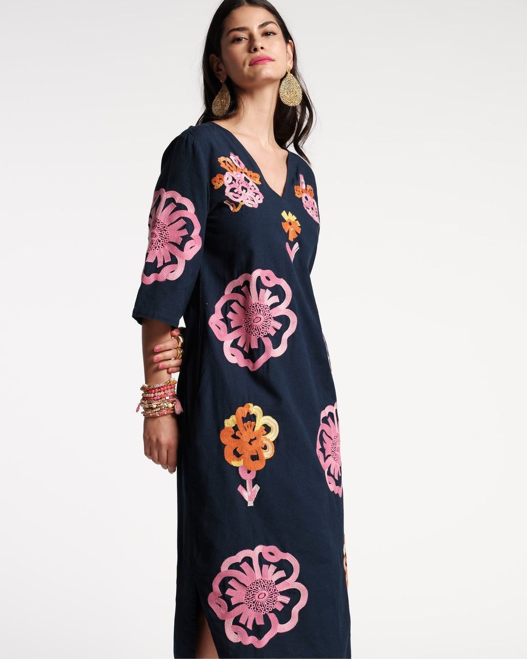 Frances Valentine Emi Dress Graphic Gerbera Cotton Linen Navy/Pink