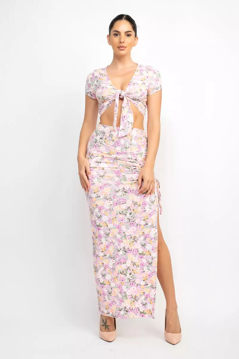 Front Knot Floral Top & Ruched Maxi Skirts Set