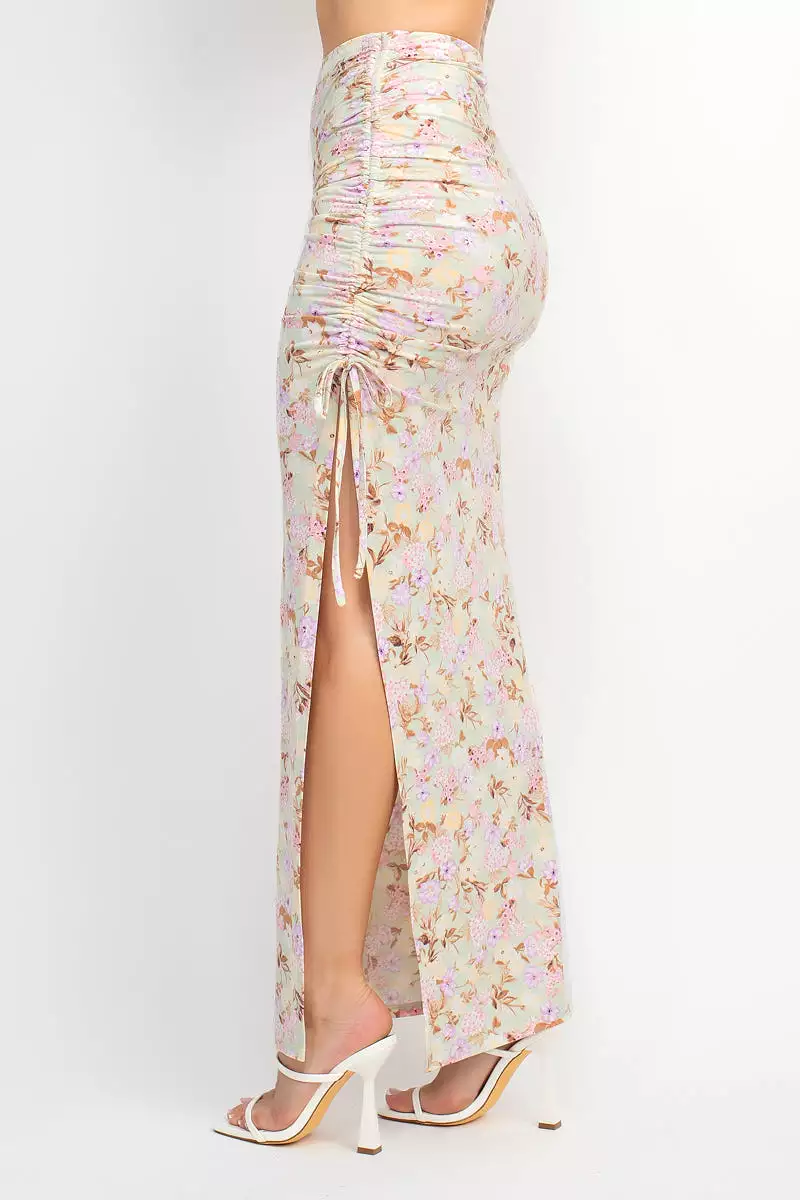 Front Knot Floral Top & Ruched Maxi Skirts Set