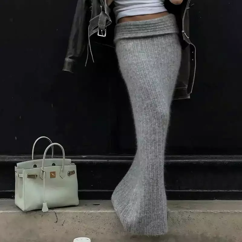 Grey Knitted Long Skirt Women Vintage Streetwear Low Waist Sexy Bodycon Elegant Maxi Tight Skirt Autumn Winter Y2k