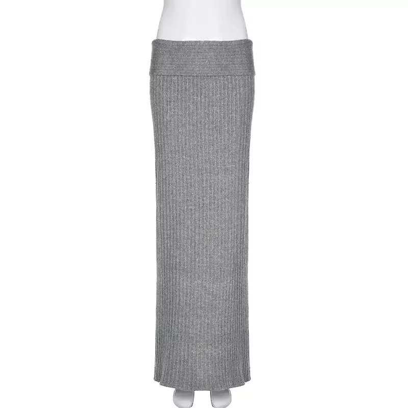 Grey Knitted Long Skirt Women Vintage Streetwear Low Waist Sexy Bodycon Elegant Maxi Tight Skirt Autumn Winter Y2k