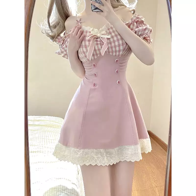 Kawaii Pink Dreamy Checkered Top Lace Dress ON932