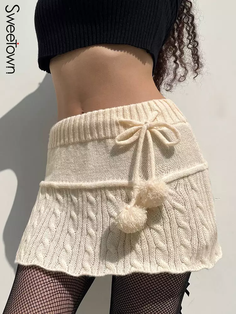 Knitted Low Waist Y2K Short Skirt Preppy Style Cute Girl Streetwear Aesthetic Fairycore Drawstring Womens Skirts