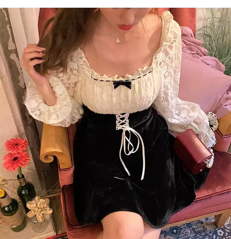 Korean Vintage Kawaii Lace Slim Elegant Retro Black Fairy Dress MK16699