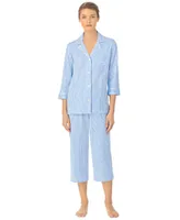 Macy's Lauren Ralph Womens 3/4 Sleeve Cotton Notch Collar Capri Pant Pajama Set