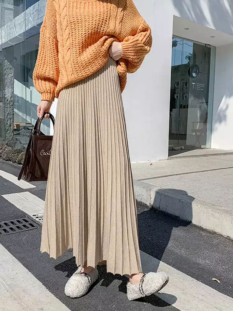 Maxi Knitted Skirt Women 2023 Autumn Winter Casual Solid All-match Thick Warm A Line High Waist Long Skirt Female Ladies