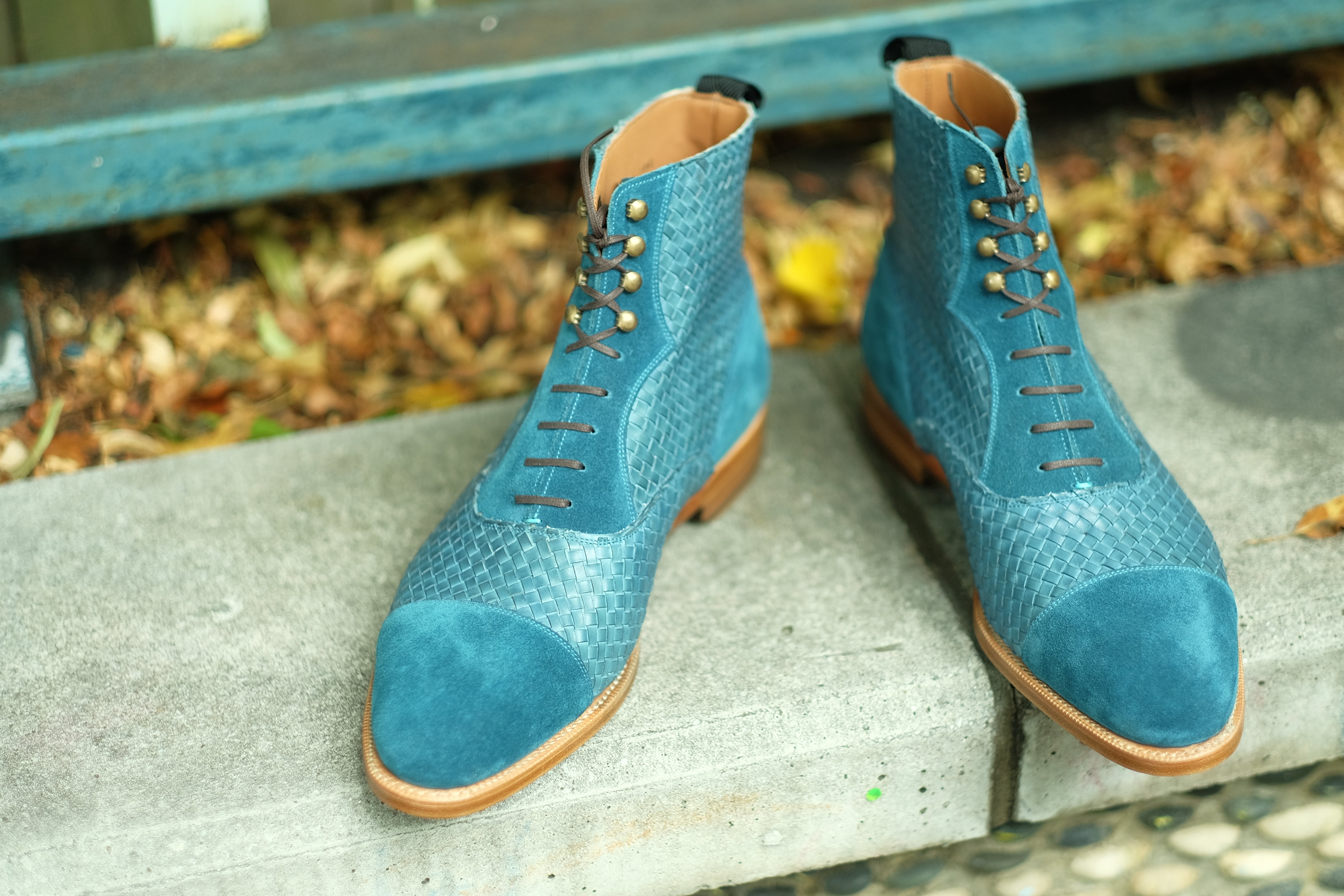 Meadowbrook - MTO - Teal Suede / Braided Teal Suede - TMG Last - Brass Hardware - Single Leather Sole