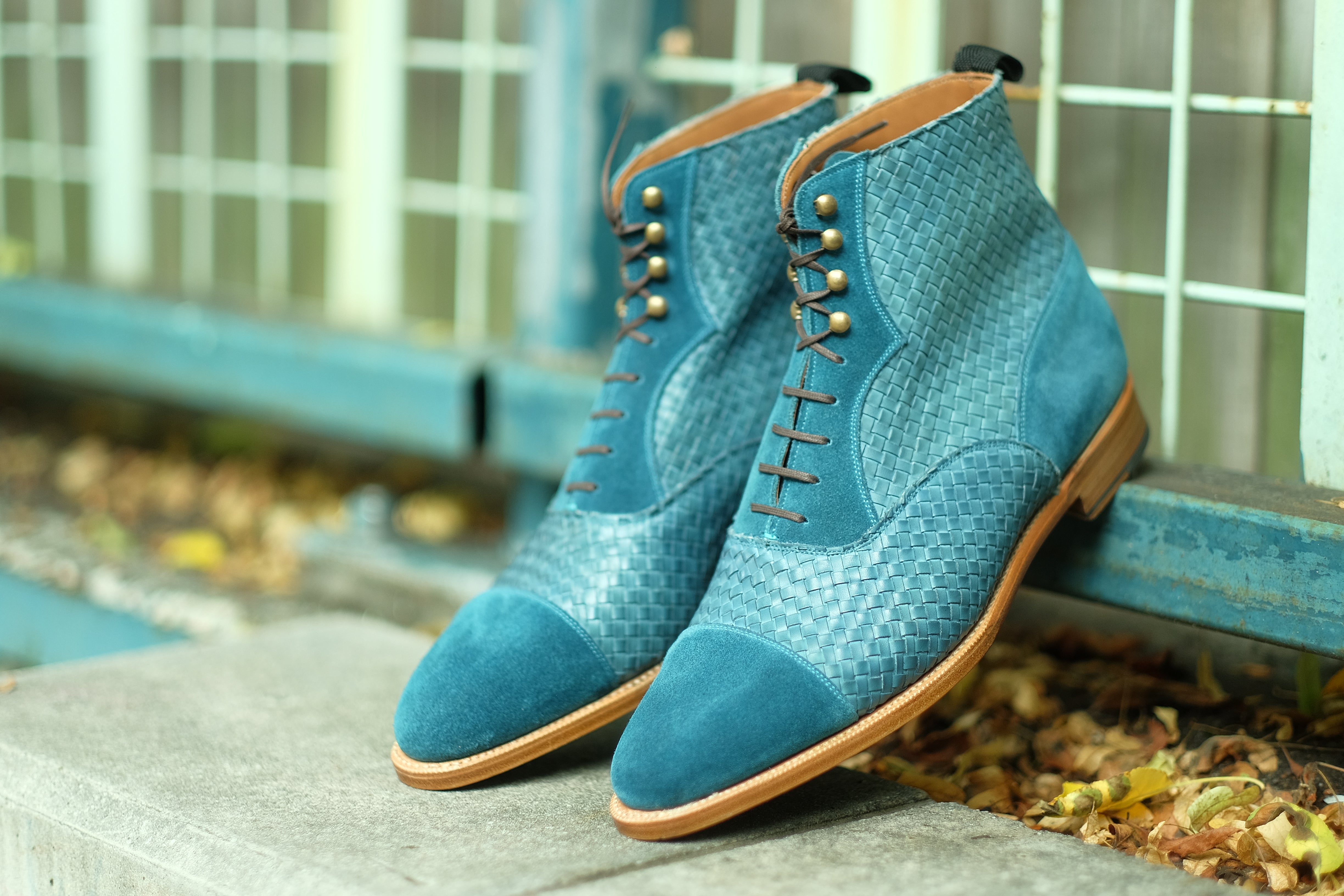 Meadowbrook - MTO - Teal Suede / Braided Teal Suede - TMG Last - Brass Hardware - Single Leather Sole