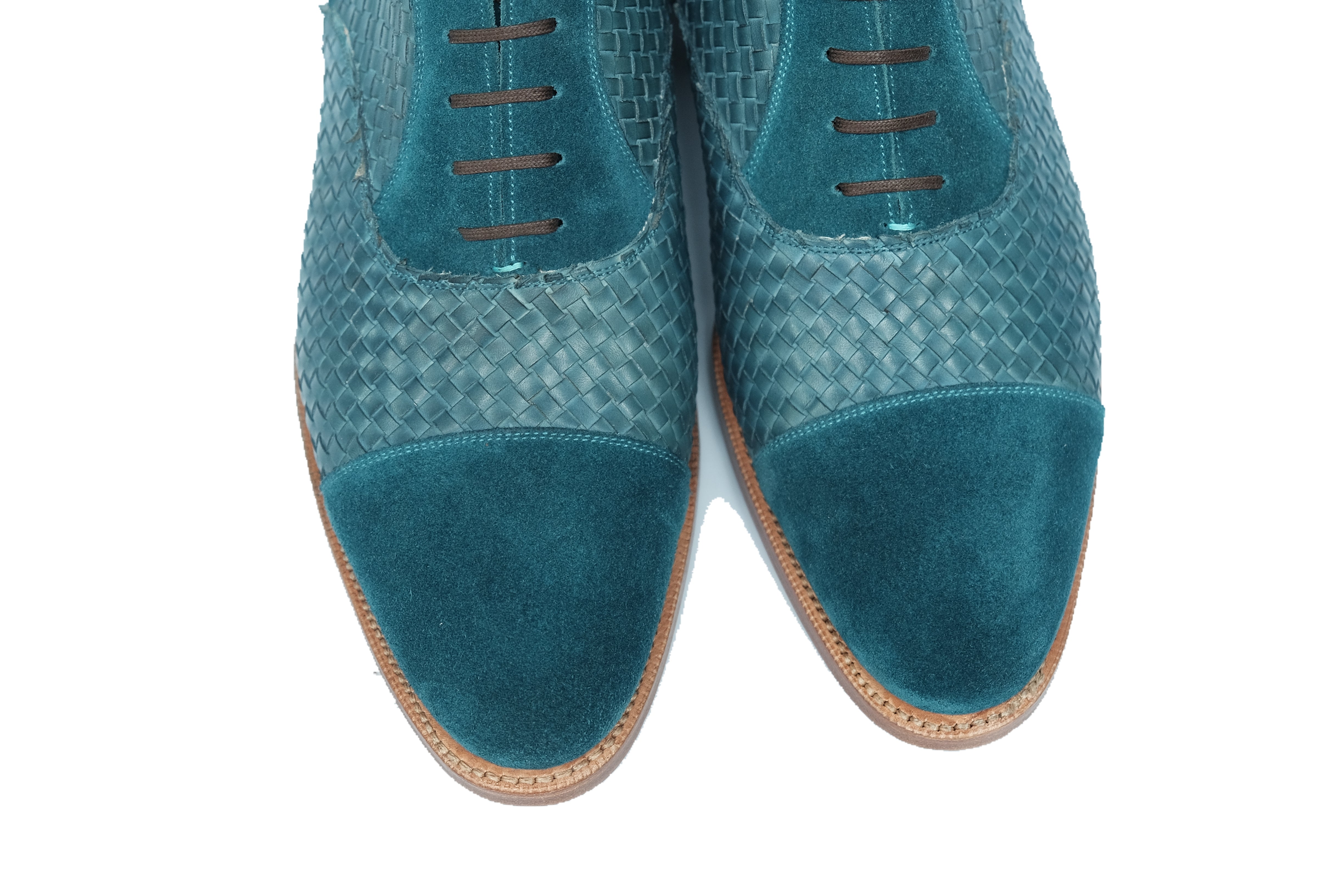 Meadowbrook - MTO - Teal Suede / Braided Teal Suede - TMG Last - Brass Hardware - Single Leather Sole