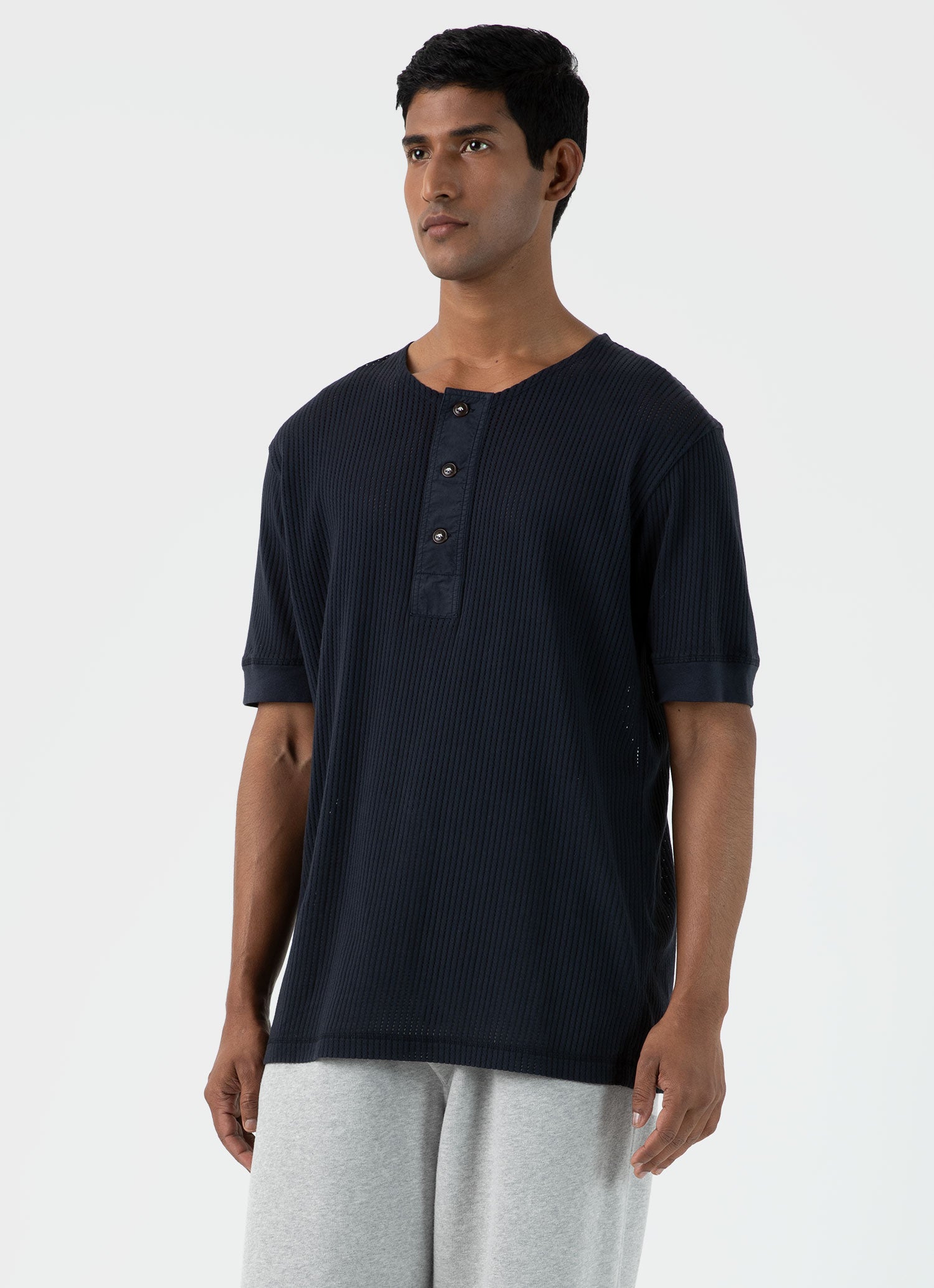 Men's Sunspel x Nigel Cabourn Mesh Henley in Navy