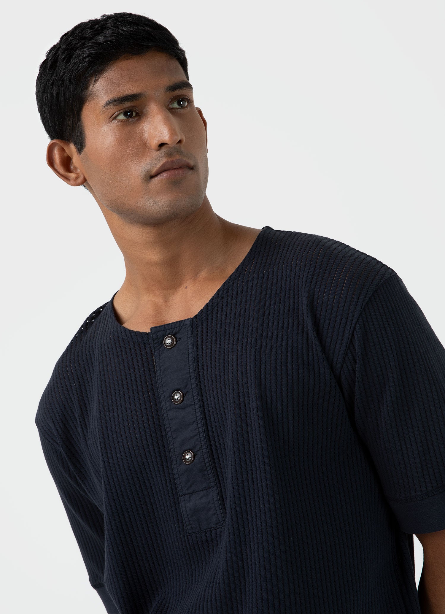 Men's Sunspel x Nigel Cabourn Mesh Henley in Navy