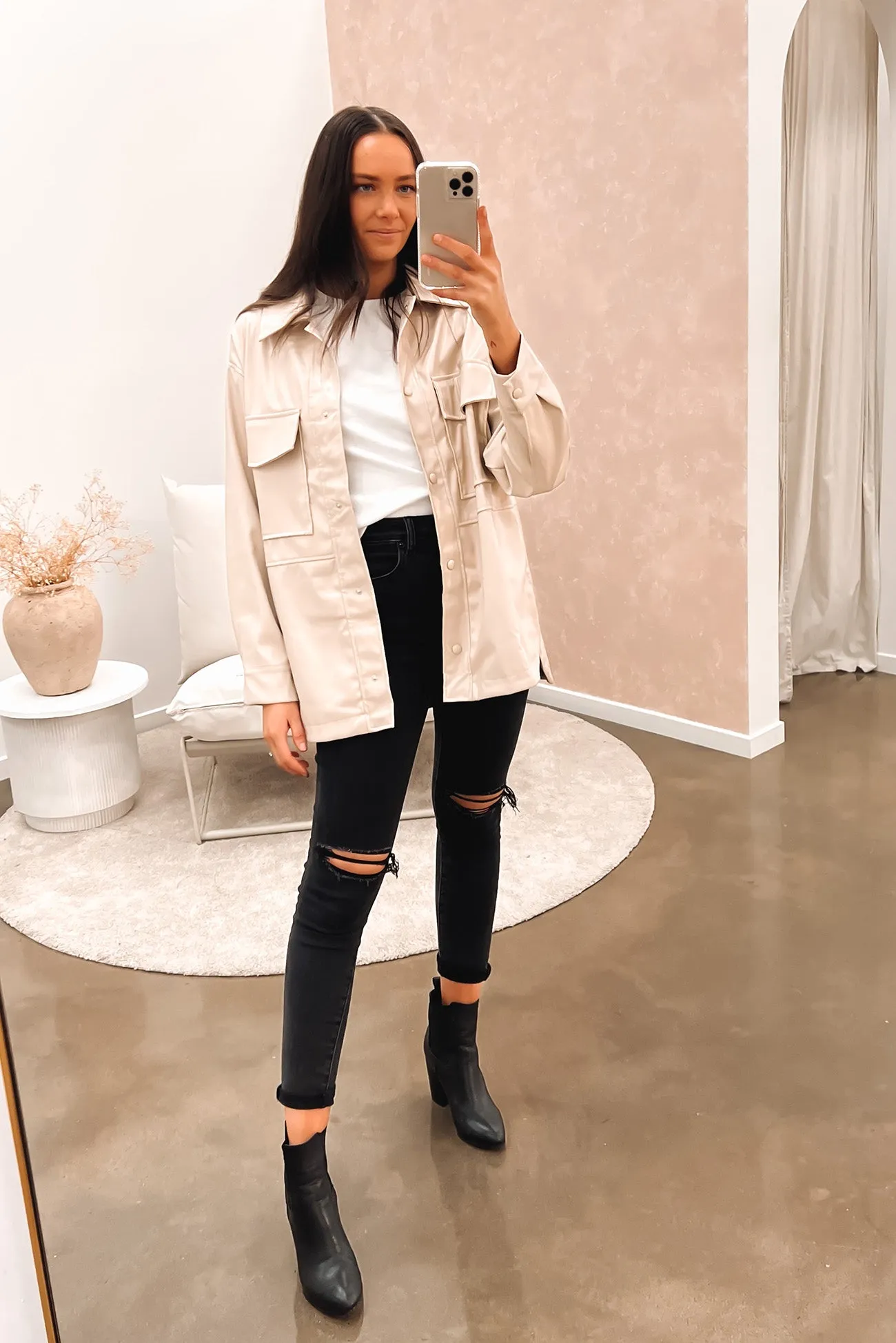 Olivia Vegan Leather Coat Beige