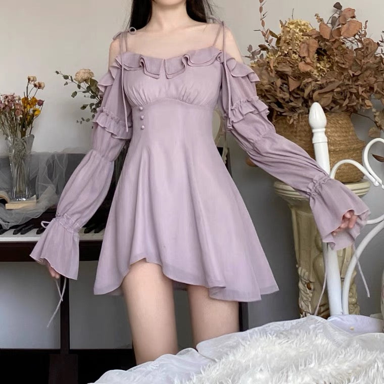 Pre-order Shiny pink/ purple off shoulder long sleeve mini dress