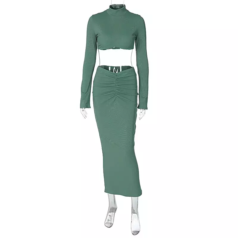 Ribbed Long Sleeve Crop Top And Long Skirt Women Outfits Solid Turtleneck Flare Sleeve Dress Set Female Two Piece Set