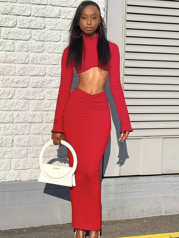 Ribbed Long Sleeve Crop Top And Long Skirt Women Outfits Solid Turtleneck Flare Sleeve Dress Set Female Two Piece Set