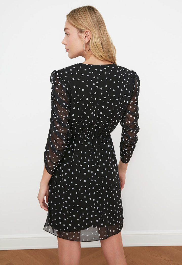 Runched Sleeve Polk Dot Dress