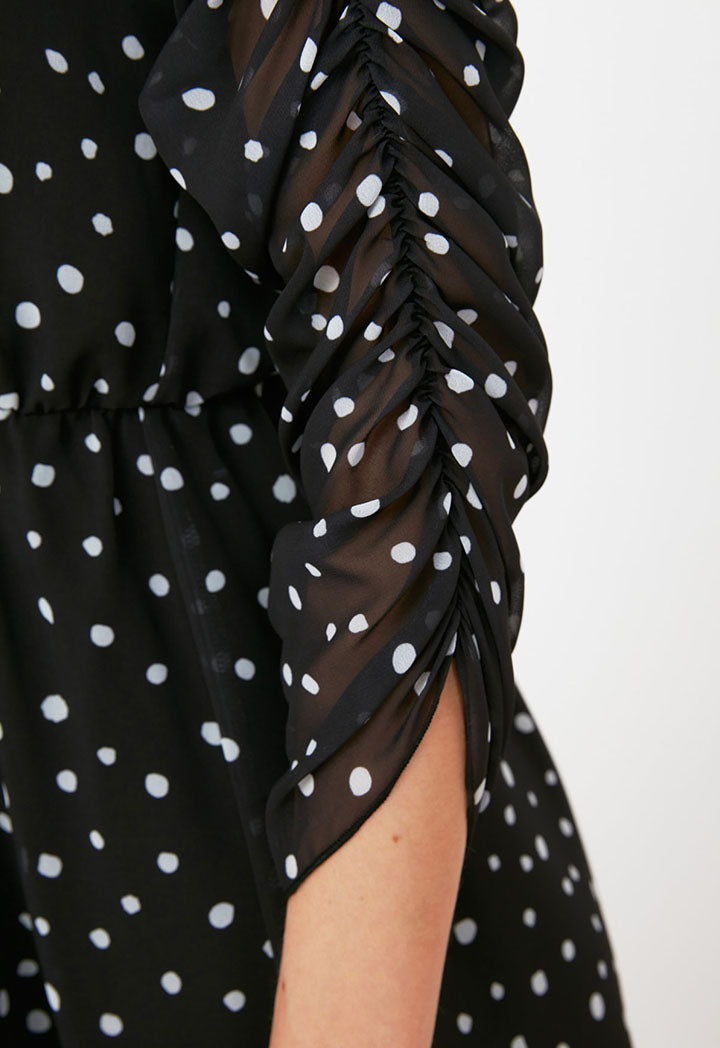 Runched Sleeve Polk Dot Dress