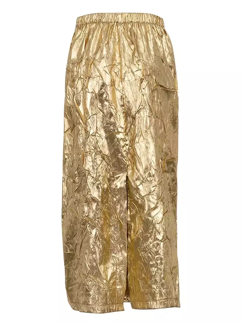 Slim Crushed Gold Women's Skirt Elegant Chic High Waist Midi Skirts