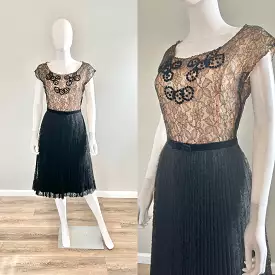 Vintage 1950s Black Lace Illusion Party Dress / 50s retro fit and flare dress / Size S