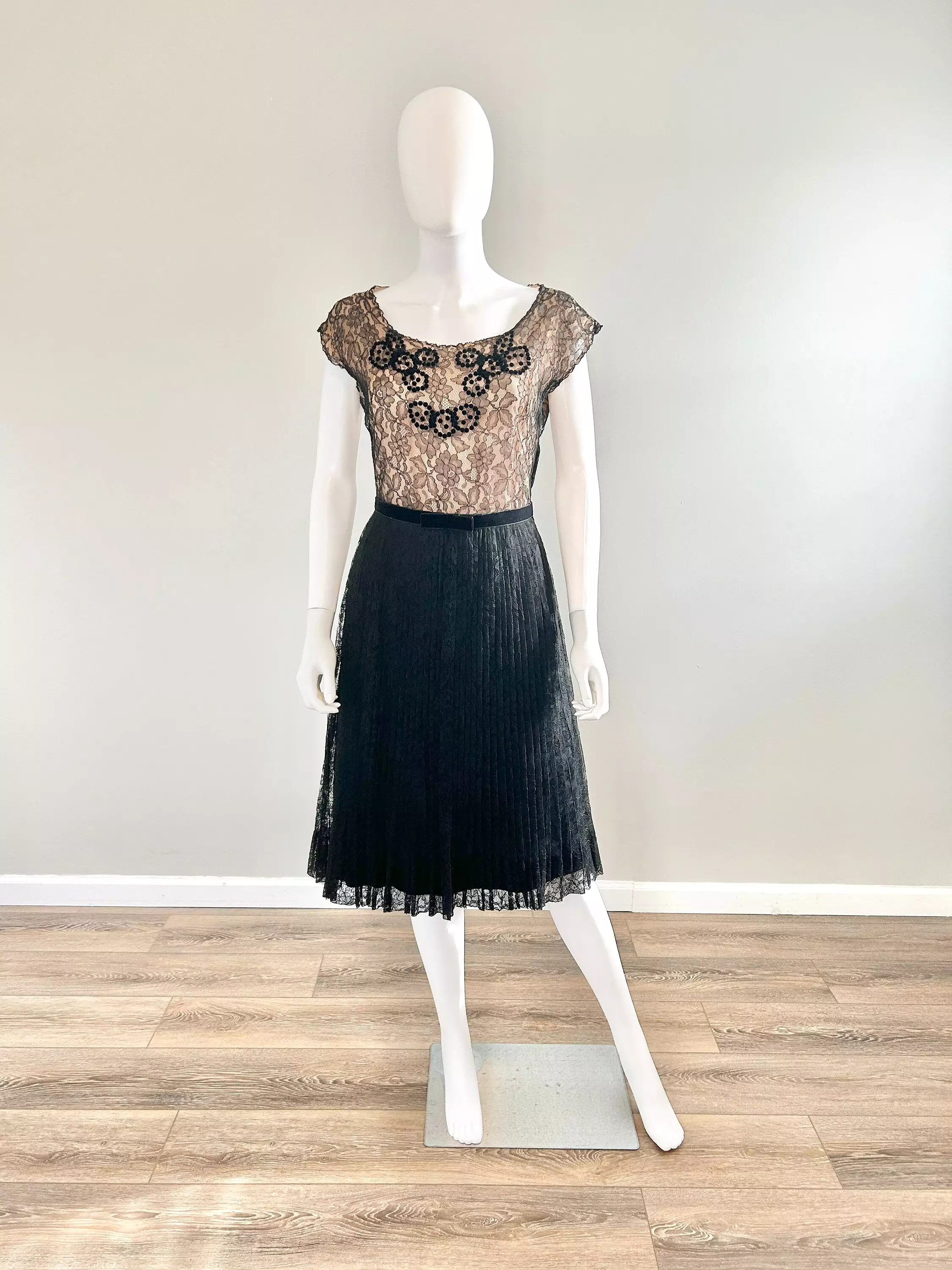 Vintage 1950s Black Lace Illusion Party Dress / 50s retro fit and flare dress / Size S