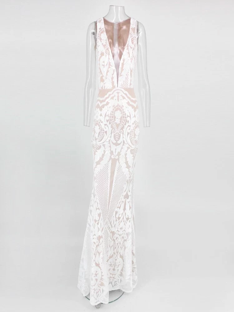 White lace dress, double layer dress, deep beak collar, sexy, Maxi, long, thin, Party evening dress,