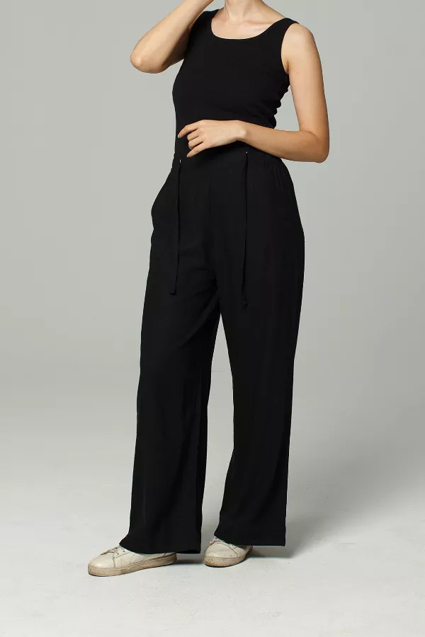 Wide Leg Linen Drawstring Pants | Black