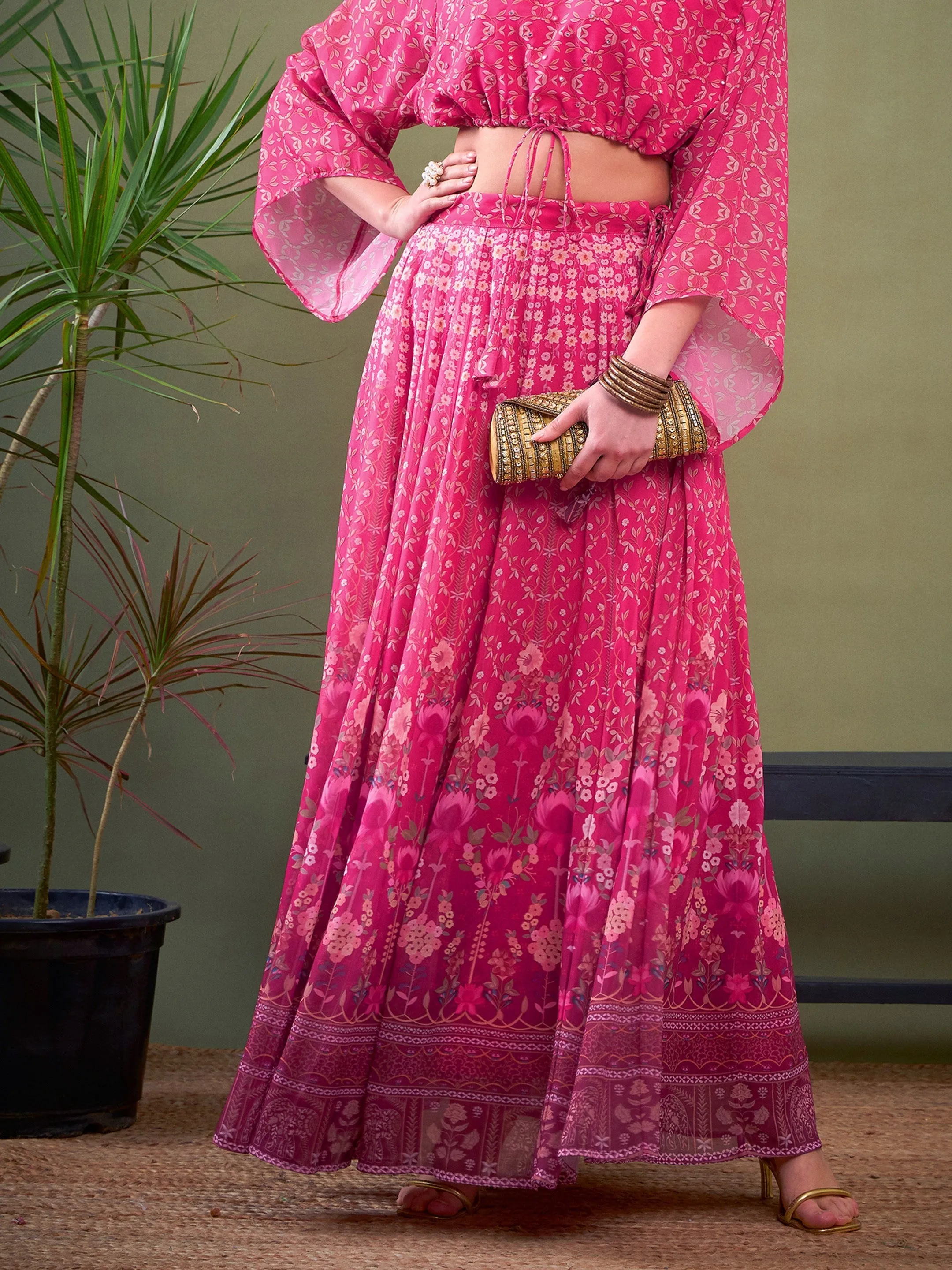 Women Pink Floral Anarkali Skirt