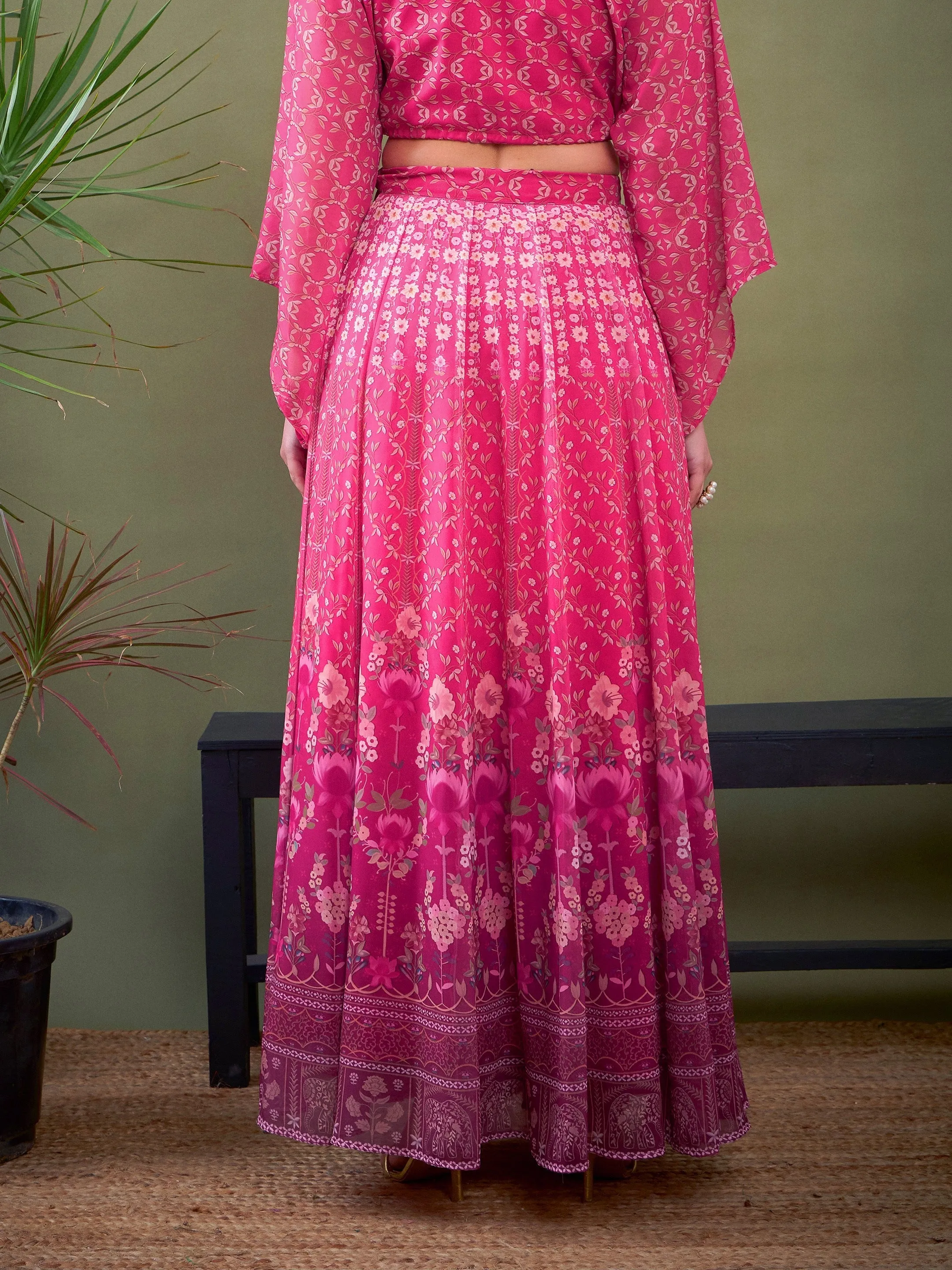 Women Pink Floral Anarkali Skirt