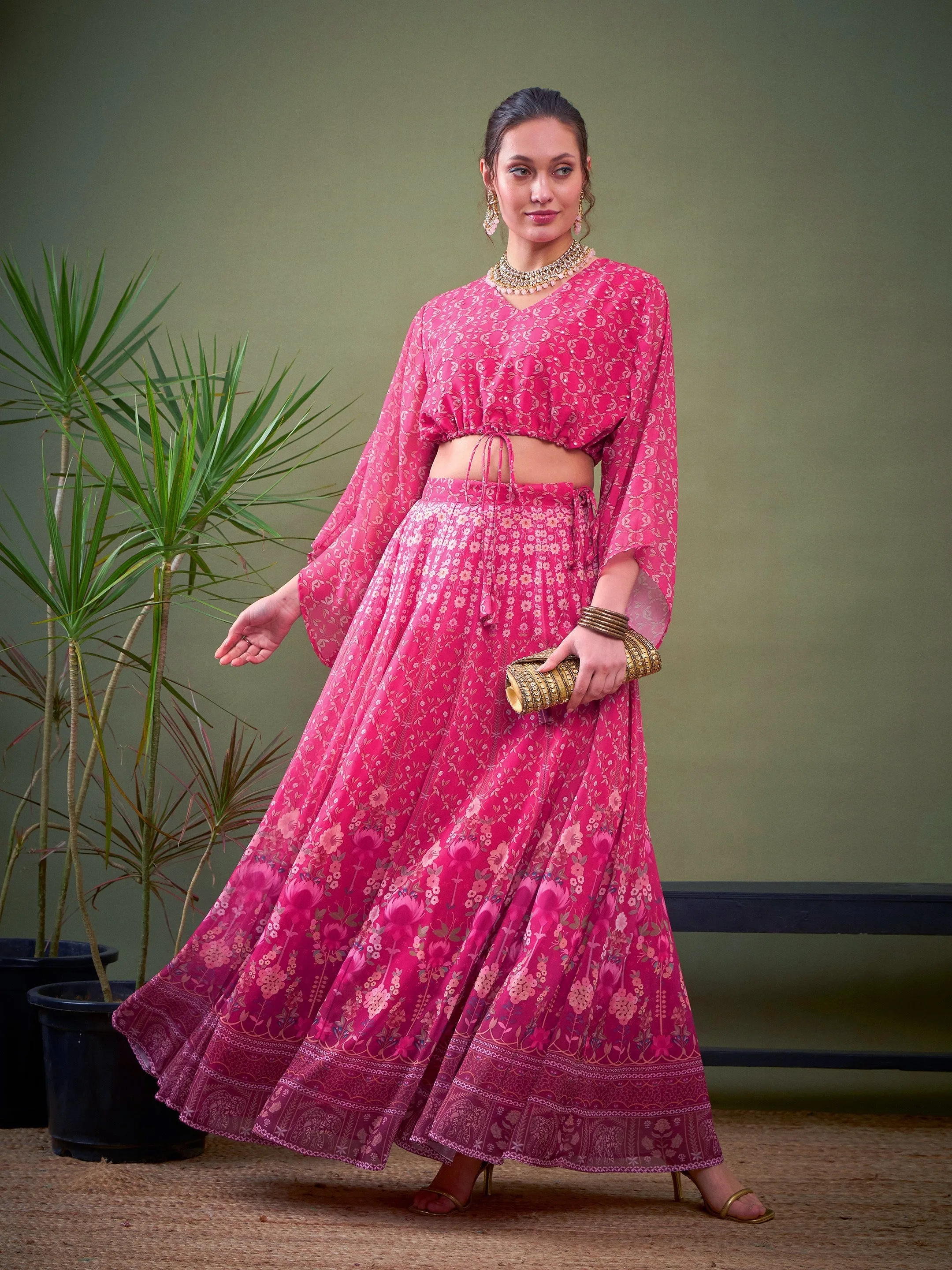 Women Pink Floral Anarkali Skirt