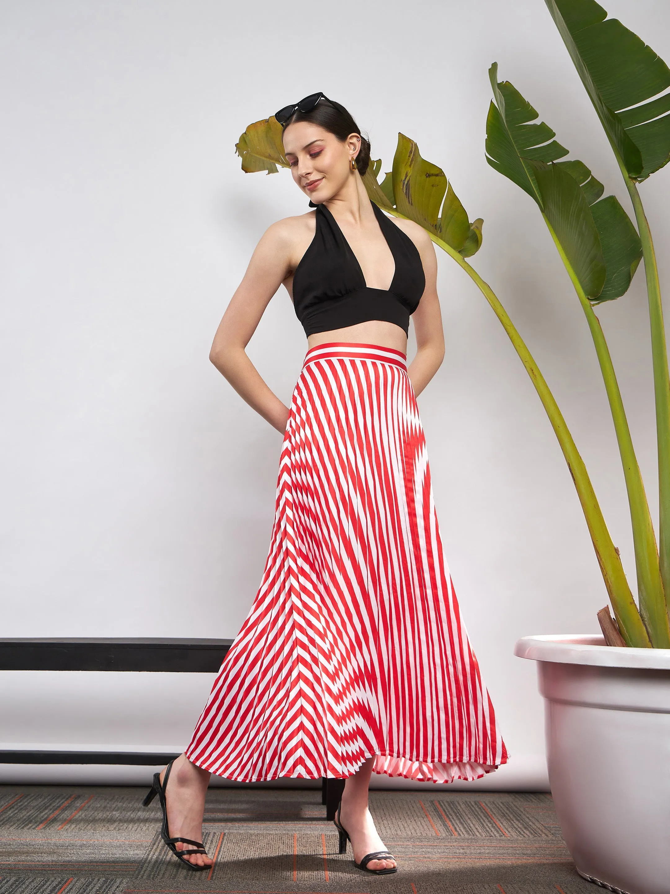 Women Red & White Satin Striped Accordion Pleated Maxi Skirt