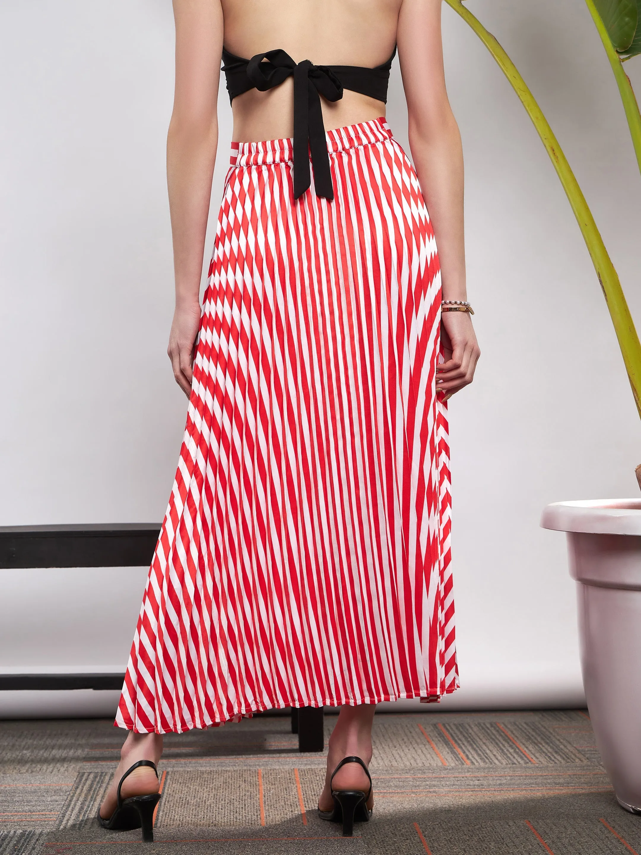 Women Red & White Satin Striped Accordion Pleated Maxi Skirt