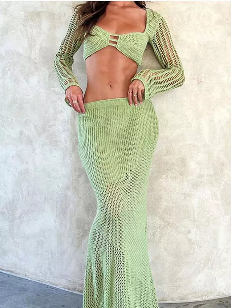 Women Solid Long Sleeve Knit Skirt 2 Pieces Set Knitted iand Skirts Suit 2023