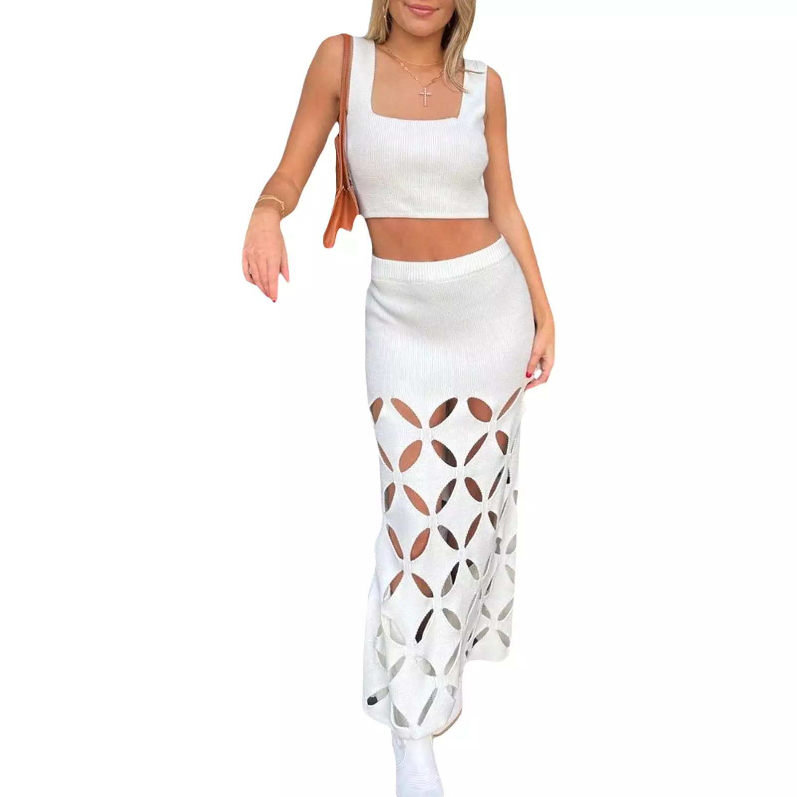 Women Summer 2 Piece Knitted Sets Tank Tops and Elastic Cutout Long Skirt